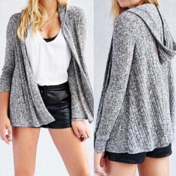 BDG URBAN OUTFITTERS UO Hooded Ribbed Cardigan Black White Marled Open Sweater - Picture 1 of 16